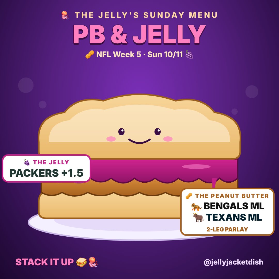 jellyjacketdish's tweet photo. Today's lunch special: PB &amp; Jelly 🥪🪼

🍇 The Jelly: Packers +1.5
🥜 The Peanut Butter: Bengals ML + Texans ML

Stack it up 🧀🐅🐂 https://t.co/e1luGswWJq