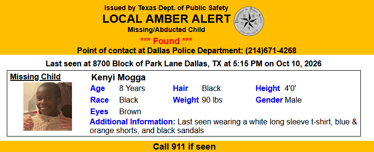 TX_Alerts's tweet photo. DISCONTINUED LOCAL AMBER ALERT for Kenyi Mogga from Dallas, TX, on 10/11/2026 https://t.co/3i3LaEH3YS