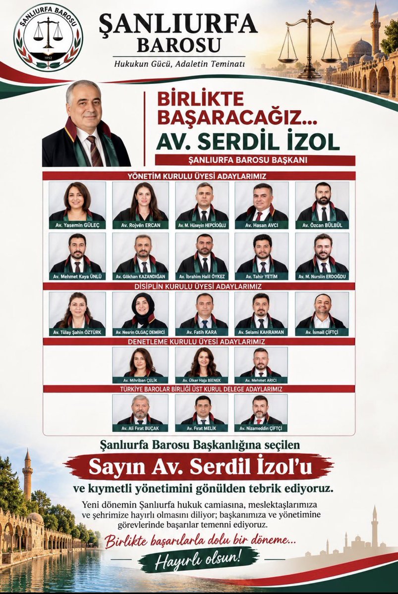 OsmanKayan63's tweet photo. Şanlıurfa Barosu Başkanlığına seçilen Sayın Av. Serdil İzol’u ve kıymetli yönetimini gönülden tebrik ediyorum.

Yeni dönemin hukuk camiasına ve Şanlıurfa’mıza hayırlı olmasını diliyor; görevlerinde başarılar temenni ediyorum.
@UrfaBarosu https://t.co/rC98VPylPE