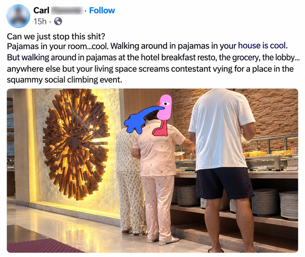 pookiepay's tweet photo. What's your take on this? 🤔

Marami na rin akong nakikitang ganito, even sa fast food chains and supermarkets. But honestly, as long as walang strict dress code sa place, I don't see the issue. Pajamas are still clothes. 🙂

Mas maba-bother pa siguro ako kung naglalakad sila nang nakahubad kaysa naka-pajamas.😭