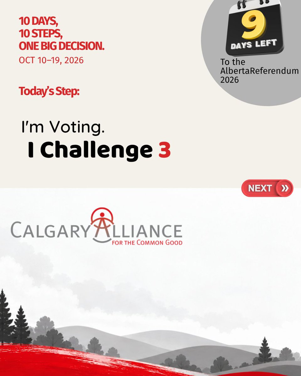 CommonGoodYYC's tweet photo. 🗳️ 9 DAYS TO GO!

Day 2: I'm Voting. I Challenge 3!

Post “I'm Voting!”, tag 3 friends, and challenge them to vote in Alberta's Oct. 19 referendum. Ask them to pass it on!

Use #VoteForTheCommonGood https://t.co/LfHm260bXi