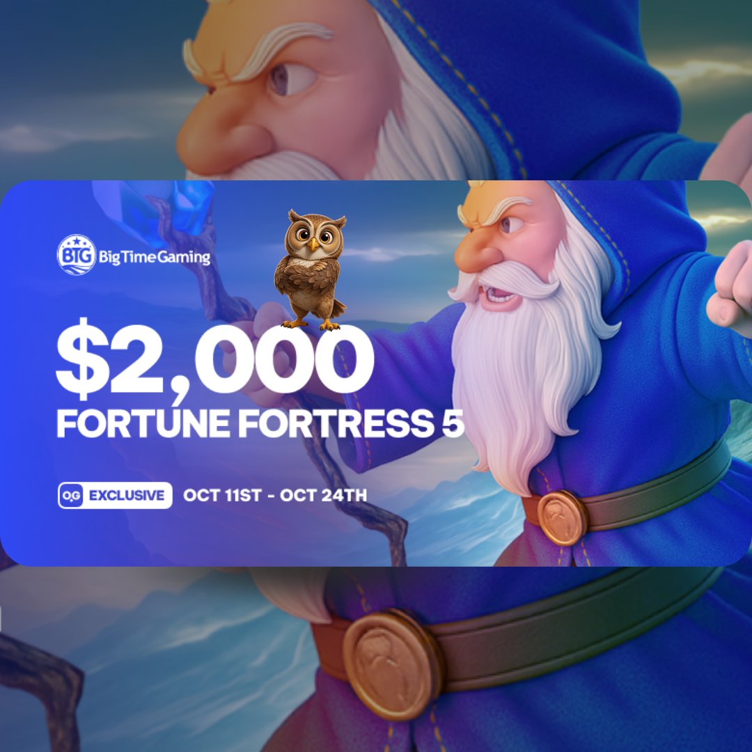 OWLDAOio's tweet photo. Ready to storm a fortress? 🏰

Fortune Fortress 5 opens today and runs until October 24. That is two full weeks, and every Big Time Gaming slot on Owl Games is a qualified game.

No hunting for the right title. Pick a favorite and spin!
#BigTimeGaming https://t.co/qxmQduZPFP
