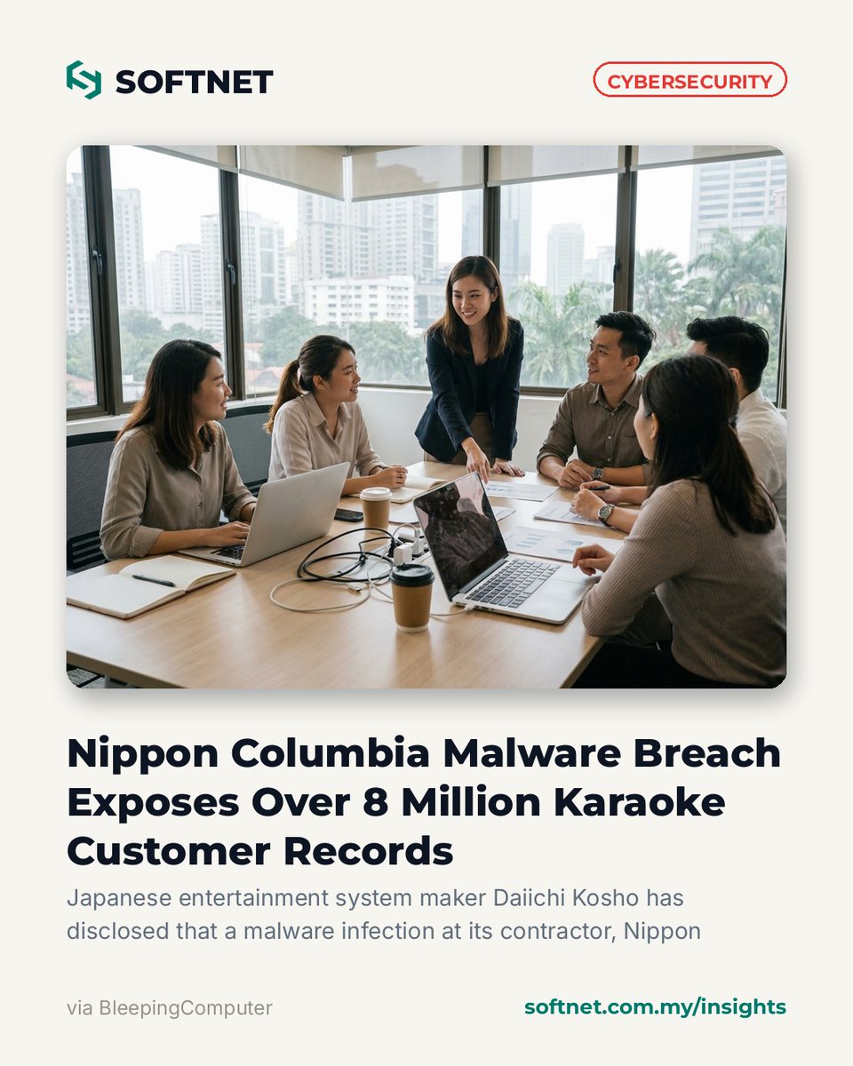 softnet's tweet photo. 🚨 CYBER: Nippon Columbia Malware Breach Exposes Over 8 Million Karaoke Customer Records

https://t.co/W8T2RoHw6T
#Cybersecurity #InfoSec #SOFTNET https://t.co/E3HpsdTTkM