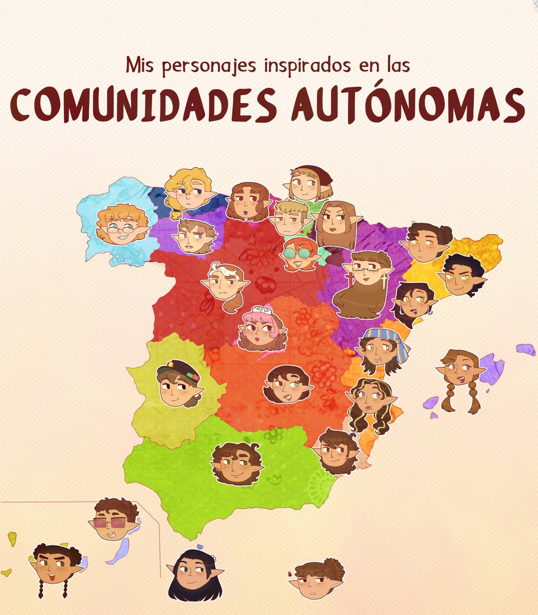 Mixeclown's tweet photo. FINALMENTE tras estar sufriendo dibujando chibis puedo decir que he terminado los diseños de mis personajes inspirados en las comunidades (Al menos sus atuendos normales) + las dos ciudades autónomas + León

En el siguiente comentario están todos ⬇️
#ccaa #España https://t.co/7OwjmL1PLk