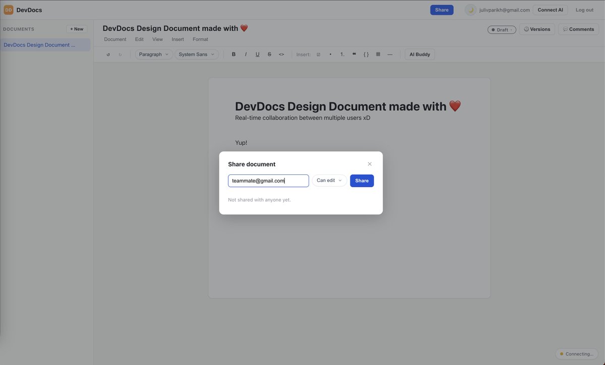 TrailMarkin's tweet photo. 1/

Day 1 update ✅

DevDocs can now share documents. Invite someone by email and they're instantly in: writing together in real time, dropping comments, all of it.

And only the right people get in. You control who can open your doc, and that stays locked down tight.

ss below: https://t.co/BNmE6mhsM6