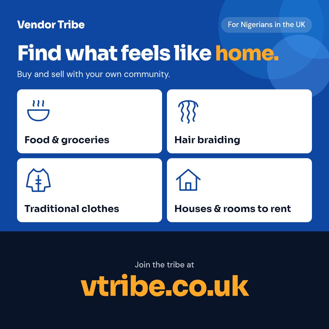 Eutoc2's tweet photo. Looking for a place to buy and sell to fellow Nigerians in the UK?

Vendor Tribe is the place. Get buyers within your local community based on your location.

Hair braiding, catering, child care, food items, clothing and more.

Sign up today: https://t.co/W58SK9aGAB https://t.co/9pByhaAQ4i