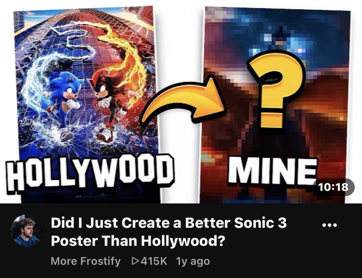 Frxstify's tweet photo. It's funny how "I made a poster" and "Can I make a better poster than Hollywood" is basically the same video

One gets 2K views, the other gets 400K+

Packaging is genuinely everything on YouTube https://t.co/KdYBq403Fa
