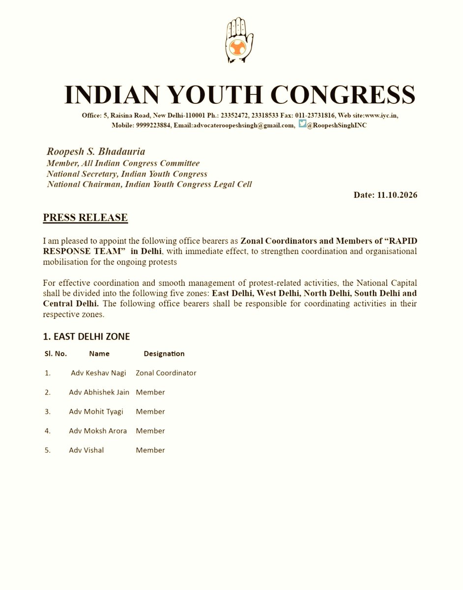 IYCLegalCell's tweet photo. The "Rapid Response Team – Delhi"  has been constituted to ensure effective coordination and mobilisation for tomorrow’s protest against Vote Chori led by Hon'ble LOP @RahulGandhi ji 

Five zones, one coordinated effort, one collective resolve to safeguard democracy. 

@INCIndia @IYC @kharge @priyankagandhi @ManishSharmaIYC @UdayBhanuIYC @RoopeshINC