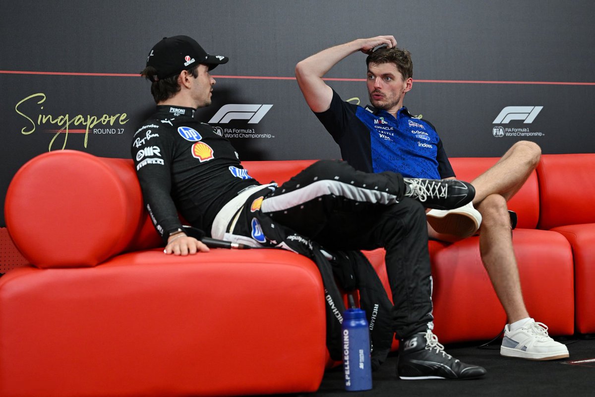 leclercsletters's tweet photo. charles &amp; max yapping in the press conference https://t.co/FbwuC1WnuY