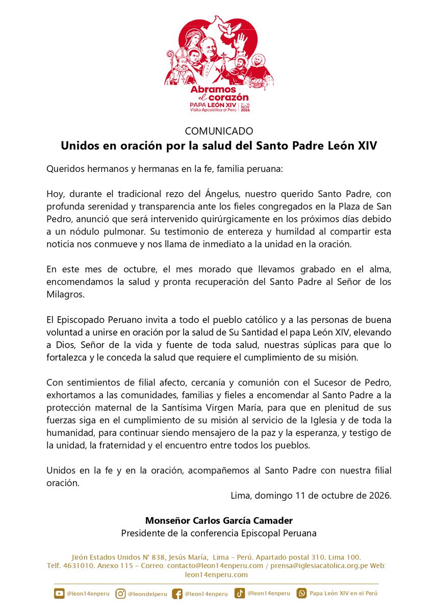 conf_episcopal's tweet photo. El Perú se une en oración por la salud del Papa León XIV🙏❤️

Ante el anuncio de su próxima intervención quirúrgica, Mons. Carlos García, presidente de la CEP, invita a los fieles y a todas las personas de buena voluntad a unirse en oración por la salud del Santo Padre. https://t.co/8PixexPZYt