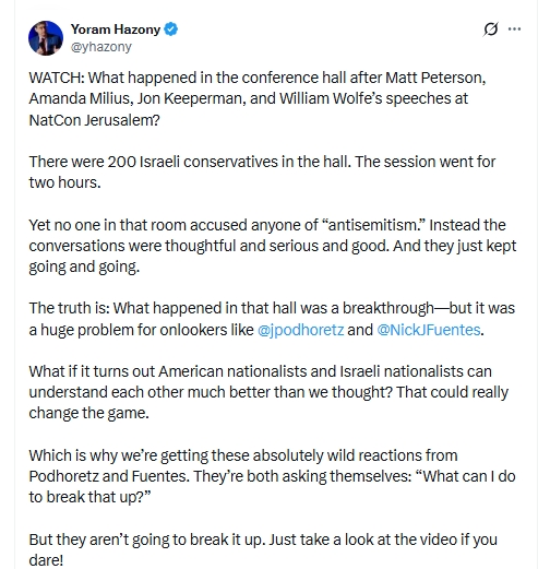 AynReagan's tweet photo. Hazony is Vance's lap Jew. His four fellow howler monkeys lectured Jewish conservatives to stop whining about nonexistent anti-Semitism. And informed us that opposing Jew hatred causes Jew hatred. And ordered us to sit down and shut up. Not likely, Hazony. Tell Vance you failed. https://t.co/1UDAxRgIxS