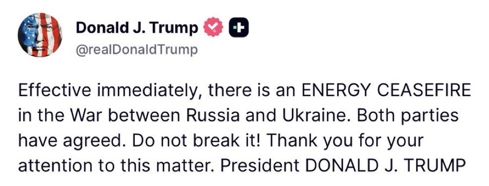 GenFlynn's tweet photo. Breaking: PEACE breaks out in Ukraine

President @realDonaldTrump has just announced an energy ceasefire between Russia and Ukraine that both sides have agreed to. This is the kind of clear and decisive leadership we voted for. 

Instead of pouring more money into a war with no end in sight, he is now focused on stopping the fighting as well as protecting American energy interests.

Peace through strength is how you get results. Thank you, Mr. President.

Now let’s see how long the ceasefire lasts and who will be the one to break it. 🇺🇸