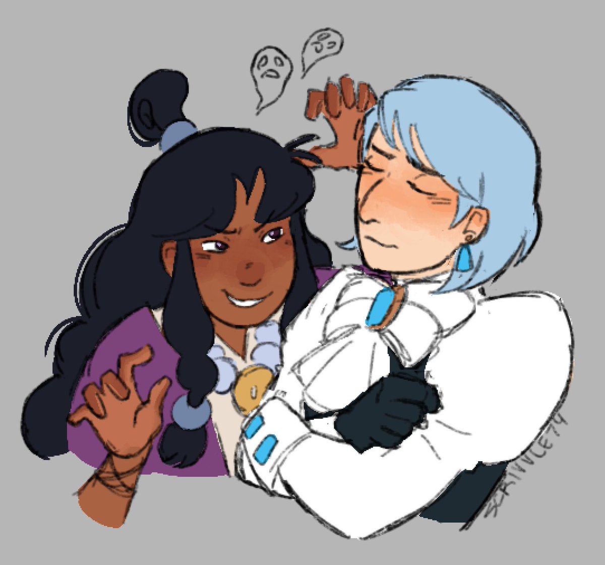scrivvle74's tweet photo. forgot I drew this a couple days ago. I don’t remember where I saw the idea but Franziska being kinda scared of ghosts would be funny. also Maya being the only one who can tease her without getting immediately whipped 
#aceattorney #franmaya https://t.co/ZnUpHfiByY