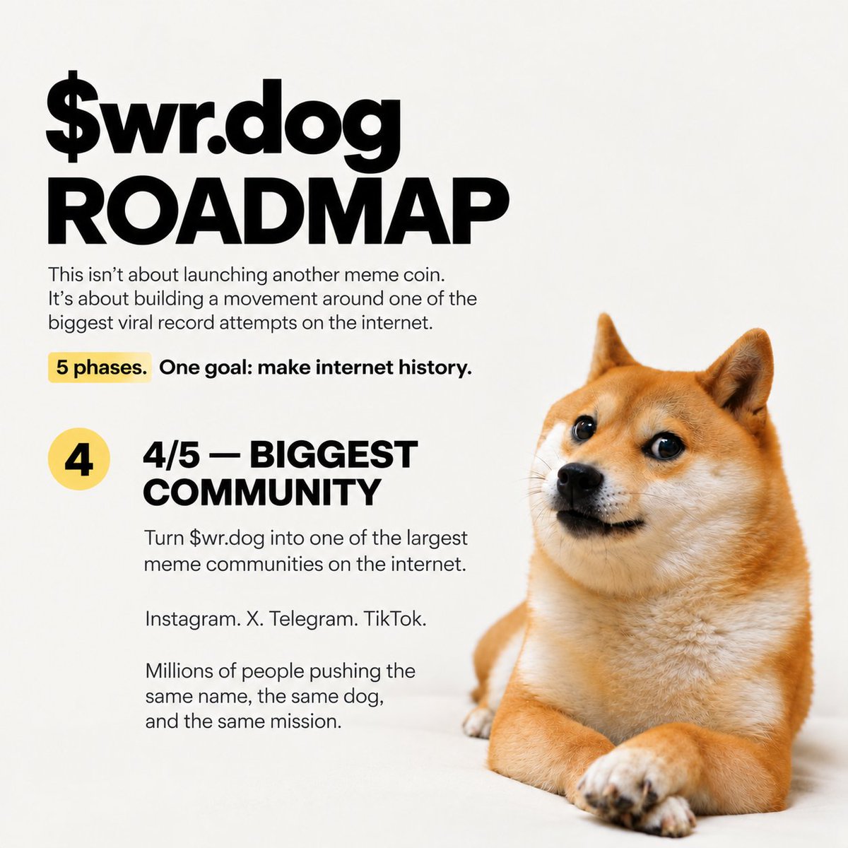 recordogpumpfun's tweet photo. 4/5 — BIGGEST COMMUNITY  Turn $wr.dog into one of the largest meme communities on the internet.  Instagram. X. Telegram. TikTok.  Millions of people pushing the same name, the same dog, and the same mission. https://t.co/4jOAqaFqaH