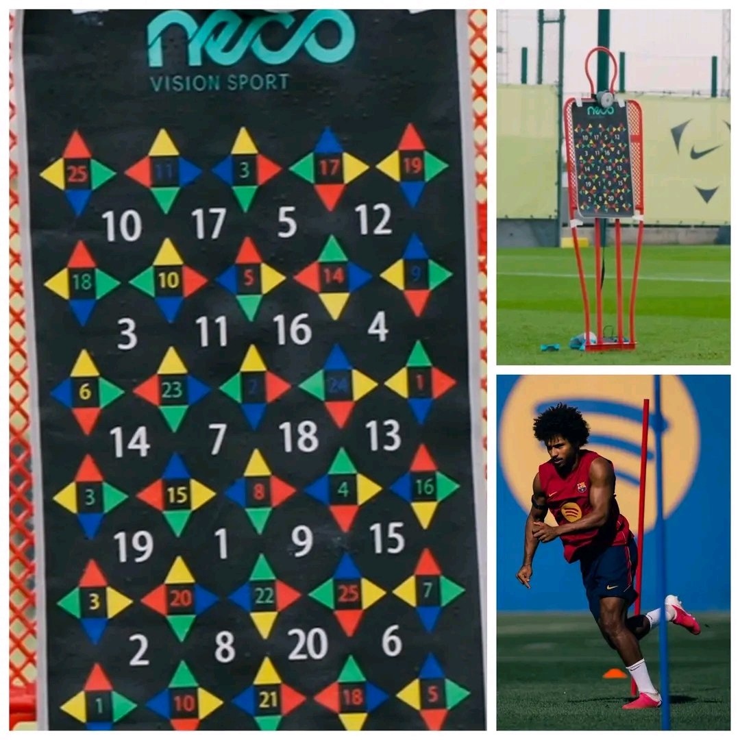 abbmdg1's tweet photo. In a Barça training training video, a board featuring different numbers and colors could be seen hanging in the background.

Each number and color corresponds to a different drill, whether it's changing direction, accelerating, dribbling around cones, shooting, or performing various movement patterns.

In the video, Karim Adeyemi is going through this exercise. The fitness coach calls out a specific number, and Adeyemi immediately responds by performing the drill associated with it. For example, at the beginning, the coach says "one," and Karim executes the corresponding drill.

Then he calls out "three," and Karim immediately performs the drill linked to that number as well. This continues with several different numbers until he reaches number five. At this point, Karim isn't sure what he's supposed to do, so he asks for clarification before completing the required drill, which involves dribbling with the ball, accelerating, and shooting.

You might think this is just an ordinary drill, but in reality, visual and cognitive training exercises like these are among the most important methods for improving a player's ability to process information during matches. They also help players develop mentally and cognitively at a much faster rate.

The process follows this sequence:

Stimulus → Perception → Recognition → Decision-making → Movement.

Another important aspect is improving the integration of multiple senses during play. Players don't rely solely on their eyes to find the right response. They must use all their senses, including hearing.