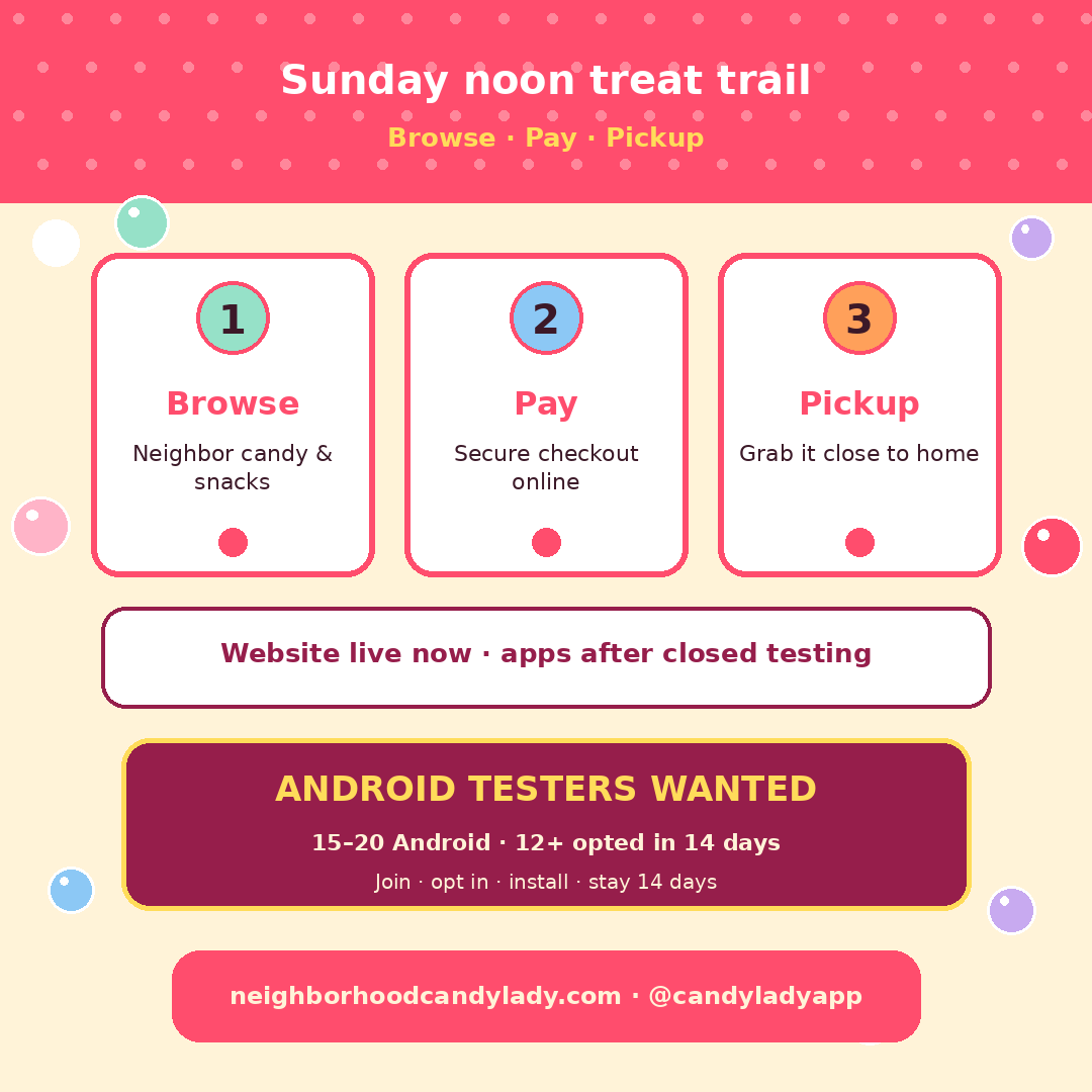 Candyladyapp's tweet photo. Sunday noon treat trail 🍬 Browse · Pay · Pickup. Web live now; apps after closed testing.
Android testers wanted:
Join https://t.co/tFXH9HRCzN
Opt in https://t.co/xhanU3Bfft
#TheCandyLady https://t.co/1eC7bAOt7p