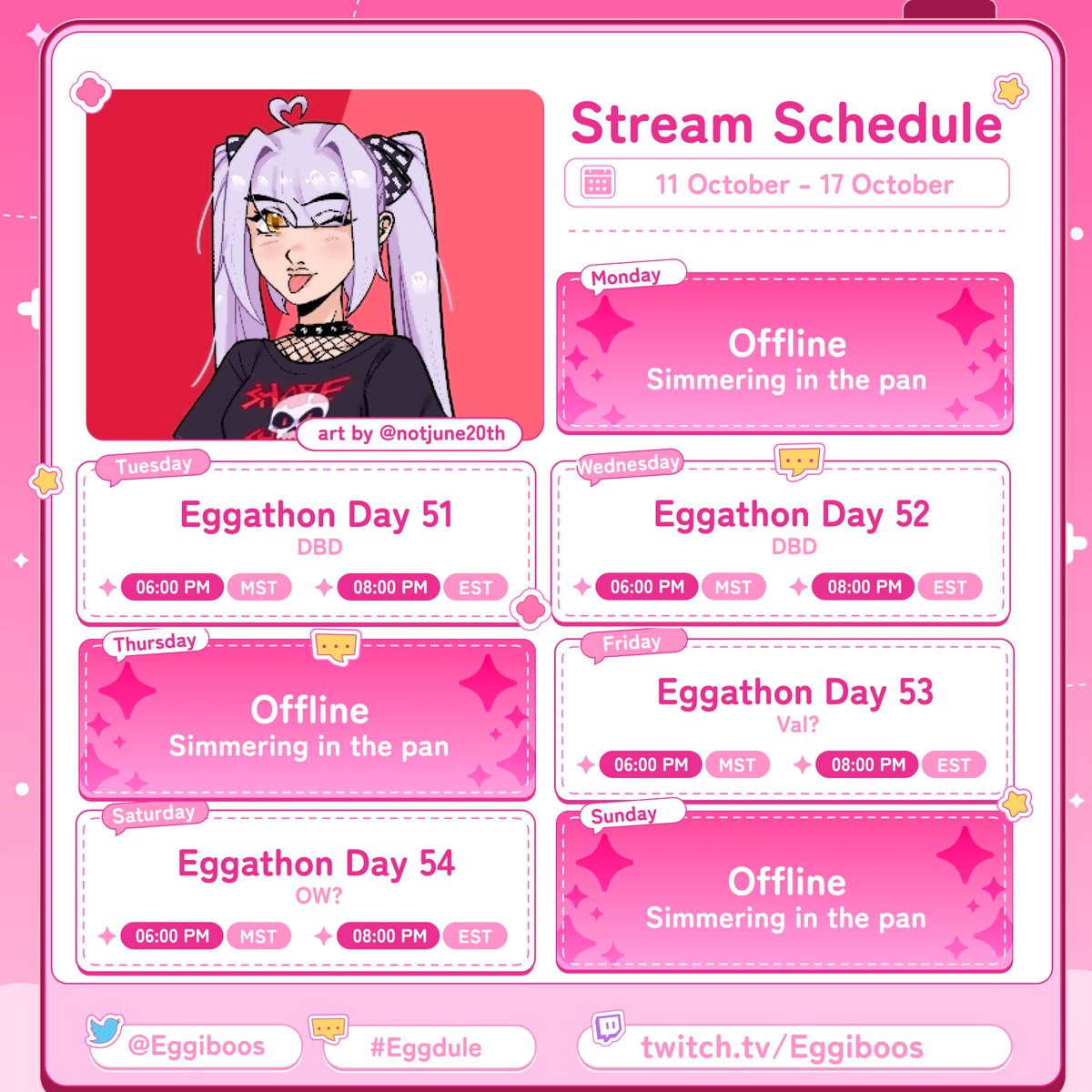 eggiboos's tweet photo. {The Breakfast Nook}
🗓️Eggdule for Oct 11th-17th🗓️
DOWN TO 20 HOURS!! ^-^
SCHEDULE CHANGE!! Mon Streams are now on Tue!!
{#eggdule}
☆〜Tue- Eggathon Day 51 (DBD)
☆〜Wed- Eggathon Day 52 (DBD)
☆〜Fri- Eggathon Day 53 (Val)
☆〜Sat- Eggathon Day 54 (OW?) https://t.co/9siTduOVjk