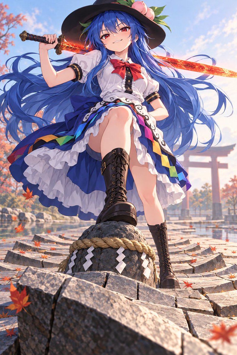 Lus_AIart's tweet photo. 緋想の剣を肩に、要石を踏む天子。

足元から広がる揺れさえ、どこか楽しんでいるようです。

#AIイラスト #AIart https://t.co/21S0S4Ymy7