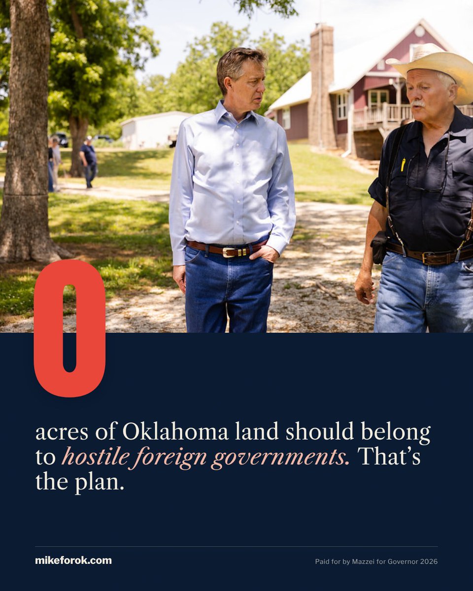 MazzeiMike's tweet photo. How many acres of Oklahoma should belong to hostile foreign governments?

Zero.

Ban the purchases. Close the shell-company loopholes. Make them divest. Read the plan: https://t.co/EhmmiS4m3P https://t.co/OCR6e3cKQy