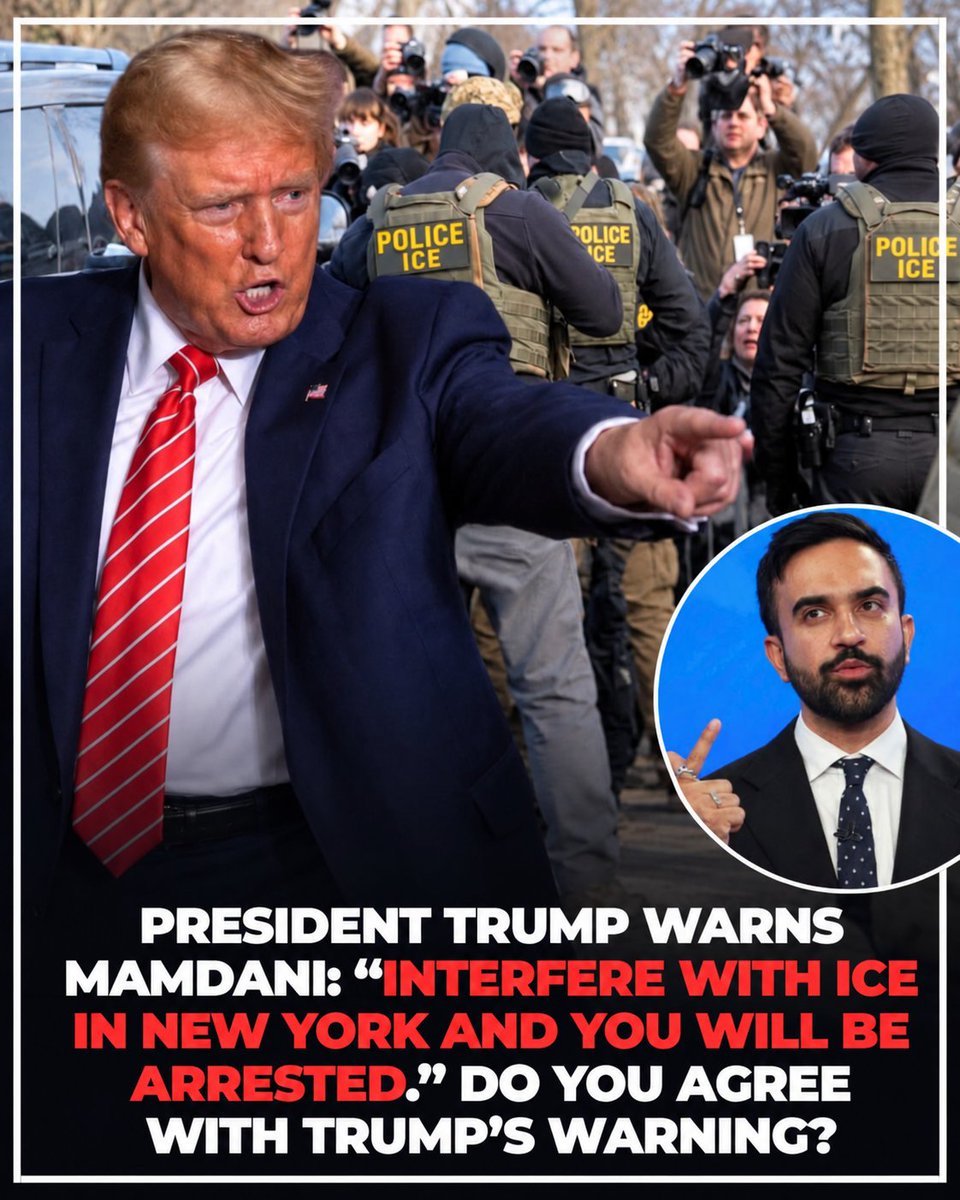 World_Observe01's tweet photo. 🇺🇸🔥 Do you agree with Trump’s warning to Mamdani about interfering with ICE in New York?

A) 👍 Yes, enforce the law
 B) 👎 No, protect local authority 
C) 🤔 It depends on the situation

💬 Vote and share your opinion! https://t.co/bRFNcFQOzb
