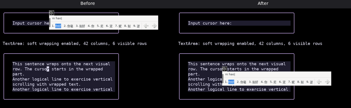 _darrenburns's tweet photo. Ok, @AmpCode Orbs are nice.

Asked Amp to fix the location of the IME popup in a TUI framework to ensure it tracks the cursor correctly, and it proved it's work by showing me a before/after image of the terminal with the OS-level IME popup appearing in the correct place. https://t.co/gfF154CXhw
