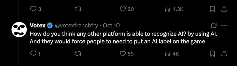 PhoenixTheDev_'s tweet photo. It is easier to find AI-gen videos because it's so easy to spot visual inconsistencies.

if you ask an AI "is this code AI generated" it doesn't know. it'll either say yes or no or I don't know.

Who cares if a game is AI? You like the game, play it. 

This is Performative. https://t.co/3XN7RpfrgQ