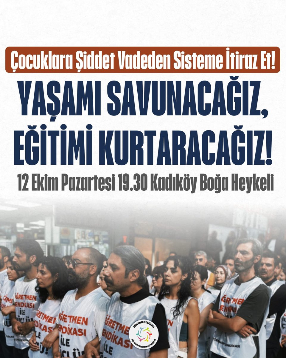 sendikaumut_'s tweet photo. Öğretmenler yaşamı savunmak için yürüyor!

Toplanma:
📍 İstanbul - Kadıköy Boğa Heykeli
🗓️ 12 Ekim Pazartesi 
⏰ 19.30

Özel Sektör Öğretmenleri Sendikası (@ogretmensendika) öncülüğünde eğitim emekçileri son aylarda okullarda her gün bir yenisine tanık olduğumuz şiddet olaylarına dikkat çekmek; bu şiddeti üreten yoksulluk, sömürü ve gençlere yönelik geleceksizleştirme politikalarına karşı seslerini yükseltmek için Kadıköy İskelesine yürüyor.

Biz de çocukların geleceklerini elinden alarak onları okulda, fabrikada veya sokakta bir şiddet sarmalının içine hapseden holdingci düzene karşı öğretmenlerin mücadelesini destekliyoruz.