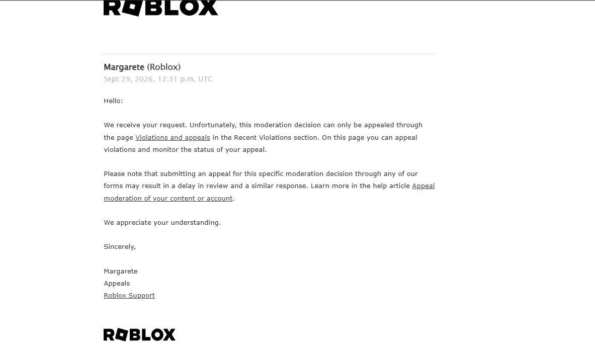 ImJustNoahp's tweet photo. ‼️ Day 12 + 1 since my Roblox ban ‼️
Still stuck in an appeal loop. I got 3 DIFFERENT ban reasons for the exact same ID (3JxxZFQg2XRGOgEXOGo5Aka0GHn). Massive AI false positive.
I just hope a human from @Roblox @Roblox_RTC sees this.
Repost to help! 🔄
(User: ImJustNoahp) https://t.co/RwZVxmGE0z
