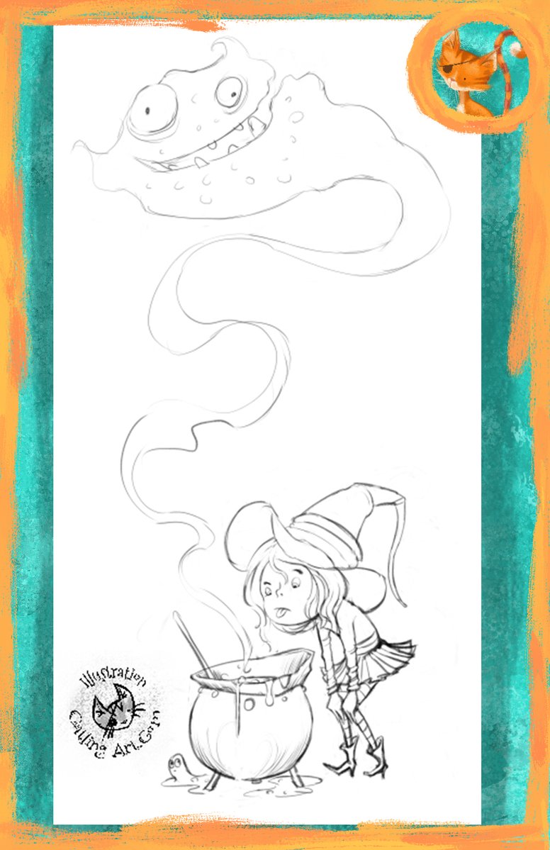 AndyCatBug's tweet photo. A little witch from pencil to colour. This spell turns blue things into soup. #Illustration #kidlit  #ChildrenBooks #Magic #Witch #Storytelling #Art #BookIllustration catling-art.​com https://t.co/wiXKObZVMl