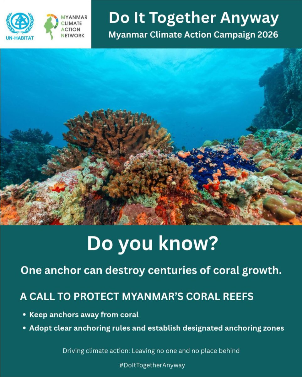 LavaliZodetser's tweet photo. One anchor can destroy centuries of coral growth.

Keep anchors away from living coral.

Protect our reefs. Protect our coastal communities.

#DoItTogetherAnyway #MyanmarClimateAction2026 https://t.co/7pZTYSR1uE