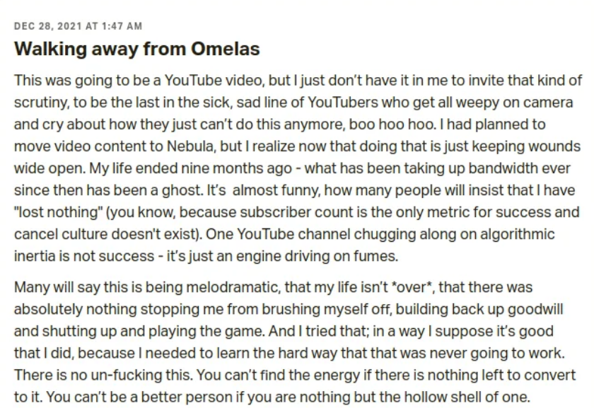 georgeofpatmos's tweet photo. In 2021 Lindsay Ellis got attacked by some teenagers on Twitter.

Her reaction, rather than just ignoring them, was to QUIT YOUTUBE and post a hilarious melodramatic essay called "Walking Away From Omelas".

She claimed to have PTSD from tweets &amp; compared herself to rape victims. https://t.co/jsAsdAOLov