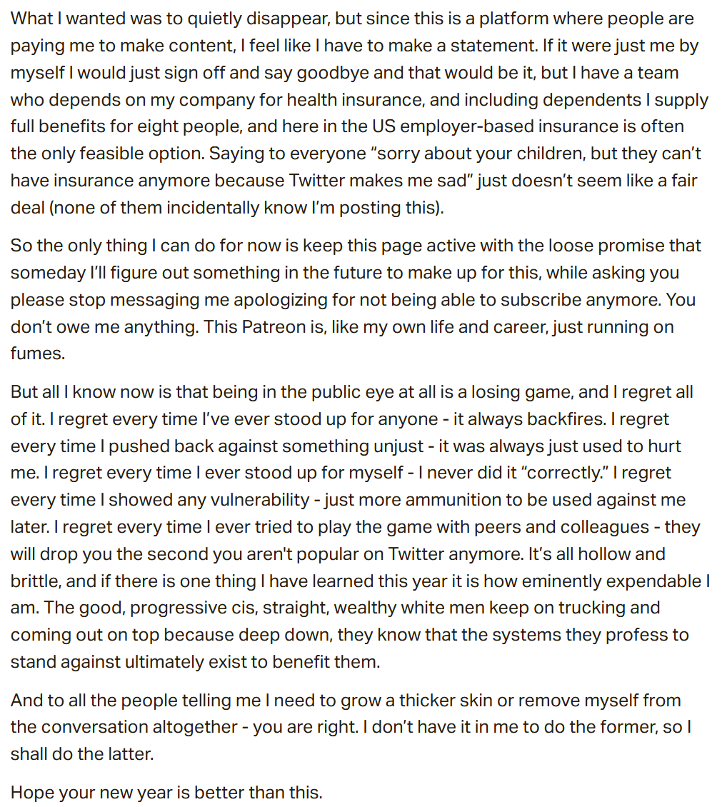 georgeofpatmos's tweet photo. In 2021 Lindsay Ellis got attacked by some teenagers on Twitter.

Her reaction, rather than just ignoring them, was to QUIT YOUTUBE and post a hilarious melodramatic essay called "Walking Away From Omelas".

She claimed to have PTSD from tweets &amp; compared herself to rape victims. https://t.co/jsAsdAOLov