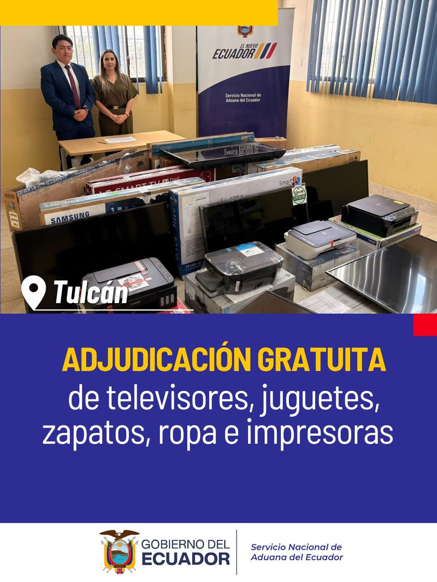 SENAE_Aduana's tweet photo. 💜 De la Aduana a quienes más lo necesitan

Desde el Distrito Tulcán, realizamos nuevas adjudicaciones gratuitas de ropa, juguetes, zapatos, televisores, impresoras y equipos multifunción a instituciones públicas que trabajan al servicio de la ciudadanía.

🤝 Entregamos estas mercancías al Ministerio de Gobierno, con destino a los Centros Violeta; al Ministerio de Trabajo y Desarrollo Humano; a la Agencia Nacional de Tránsito; y al ECU 911.

🛃 Convertimos mercancías en herramientas que fortalecen los servicios públicos y generan bienestar para la ciudadanía.

#SomosUnaAduanaDeServicio