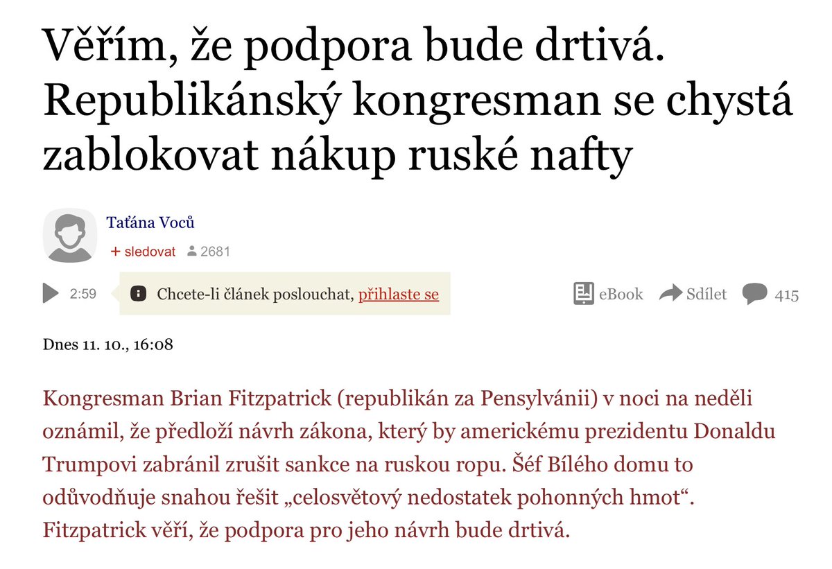 mschmarcz's tweet photo. Správně! Tak jedná Republikán (a ne jako Trump):„Předložíme legislativu, kterou určitě podpoří obě strany, republikáni i demokraté. Zablokuje veškeré nákupy ruské nafty. Ponese název ‚Zákon Ronalda Reagana o míru skrze sílu‘ (Ronald Reagan Peace Through Strength Act).“ https://t.co/rHH0vYUQWs
