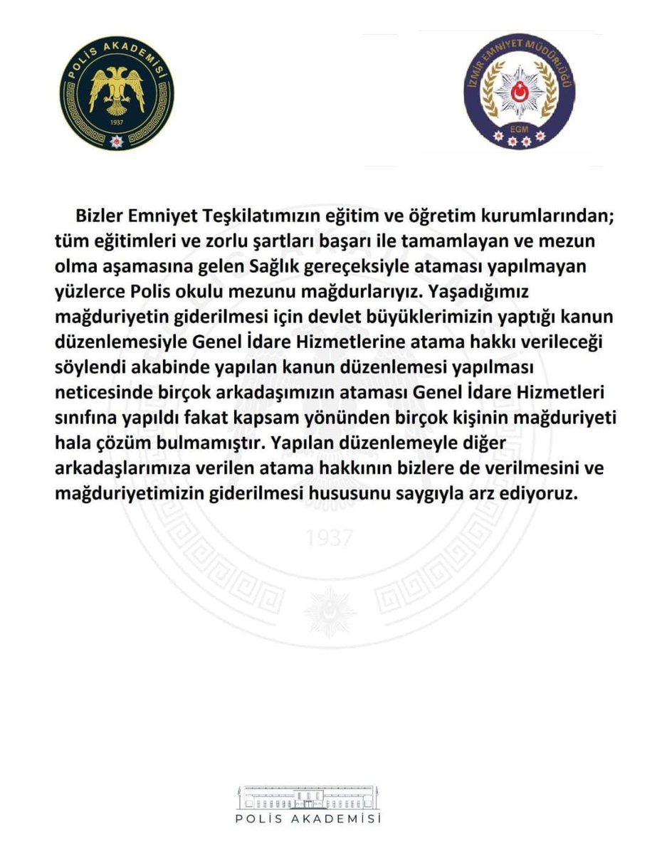 SultanSencer25's tweet photo. @mustafaciftcitr Egm sağlık şartları nedeniyle elenen polisler yanıt bekliyor Mezuniyet esası alınıp gih kanununa dahil olmak istiyoruz 8,9 ay egitimden sonra Mezun olup mesleğe başlayamamak bizlere yapılan zulümdür https://t.co/q90n3udwok
