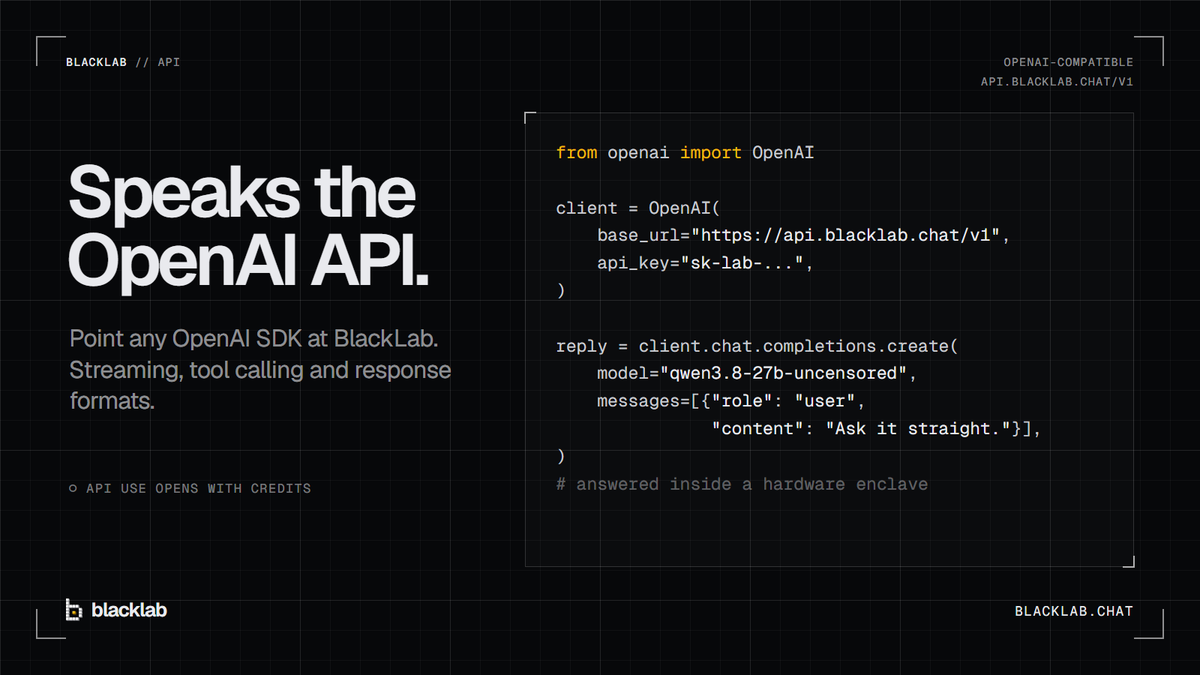 Blacklabchat's tweet photo. Builders: BlackLab speaks the OpenAI API. Point any OpenAI SDK at https://t.co/nqkEnd10K0 and keep your code.

Streaming, tool calling and response formats. API use opens with credits.

Docs: https://t.co/h8jzQNcBp2 https://t.co/n0AO0vvEIV