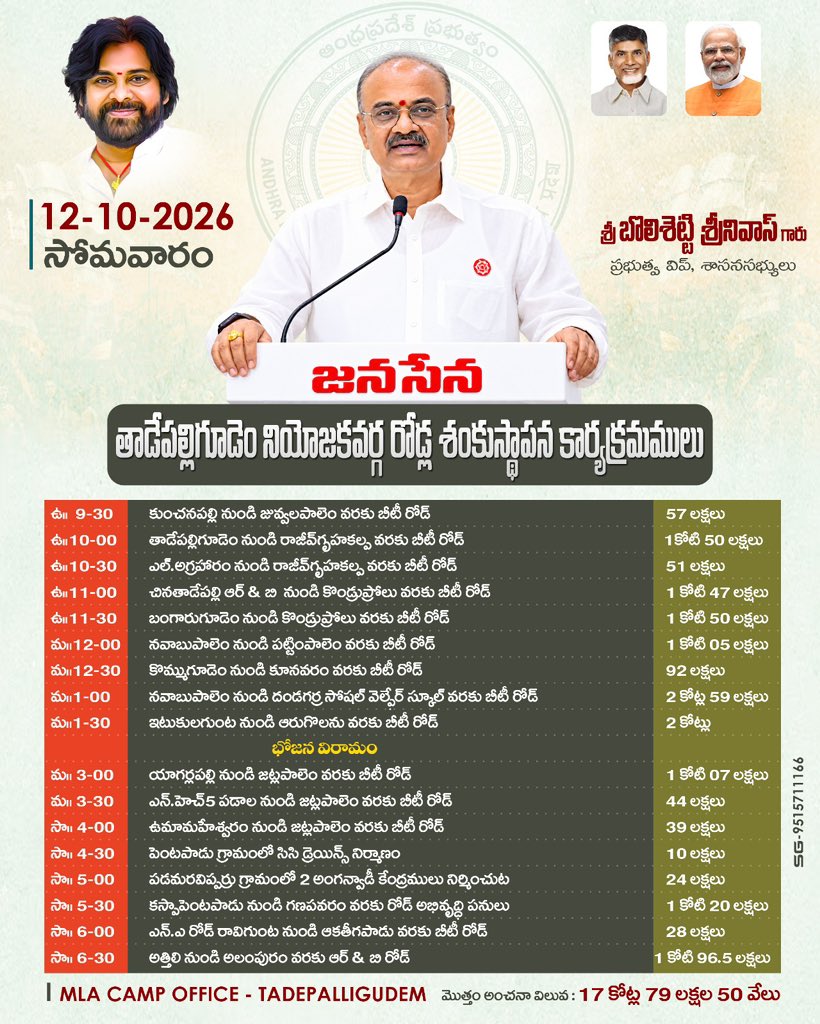 BolisettiSrinu's tweet photo. తాడేపల్లిగూడెం నియోజకవర్గంలో రేపు (12-10-2026, సోమవారం) రూ. 17 కోట్ల 79 లక్షల 50 వేల వ్యయంతో పలు రోడ్ల శంకుస్థాపన మరియు అభివృద్ధి పనులు చేపట్టనున్నాము. 

#JanaSenaParty #PawanKalyan https://t.co/cO9xmz9EbK