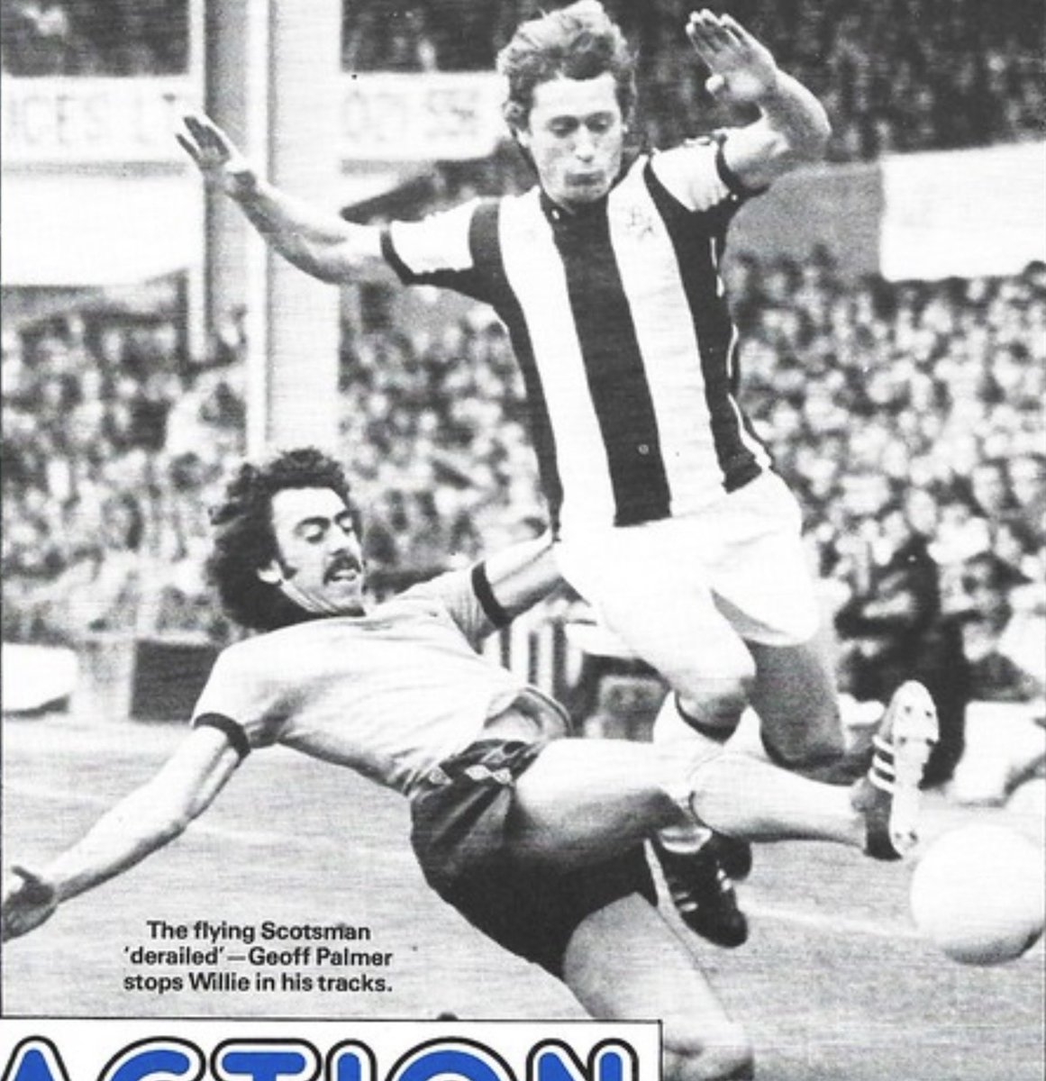 Theleaguemag's tweet photo. Geoff Palmer of Wolverhampton Wanderers stops the run of West Bromwich Albion’s Willie Johnston https://t.co/LmupdMiUu5