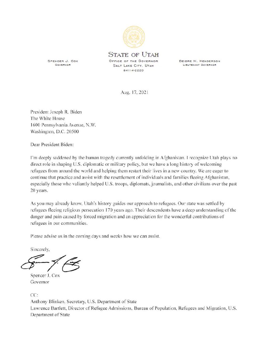 SophieAnde49073's tweet photo. Gov. Spencer Cox writing Biden in 2021, offering to take more Afghans: “We are eager to... assist with the resettlement." https://t.co/Gi8utSGbaw