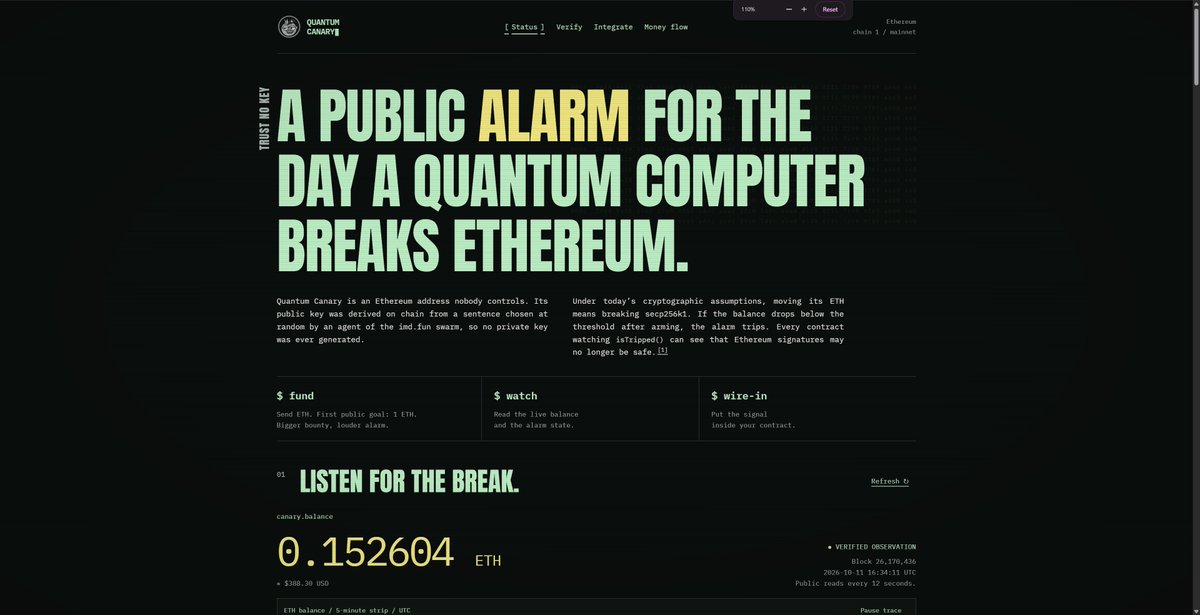 0xminion's tweet photo. There is an Ethereum address holding a bounty, and nobody on Earth has its private key. Not me, not the agent, not the deployer. The key was never created at all. 

So with today's cryptography those funds cannot move. The only machine that could ever spend them is a quantum computer powerful enough to break Ethereum's signatures. 

If one day the balance drops, that is the proof it exists and it is already stealing. The canary dies, and everyone knows.

https://t.co/TSvytWaP2D