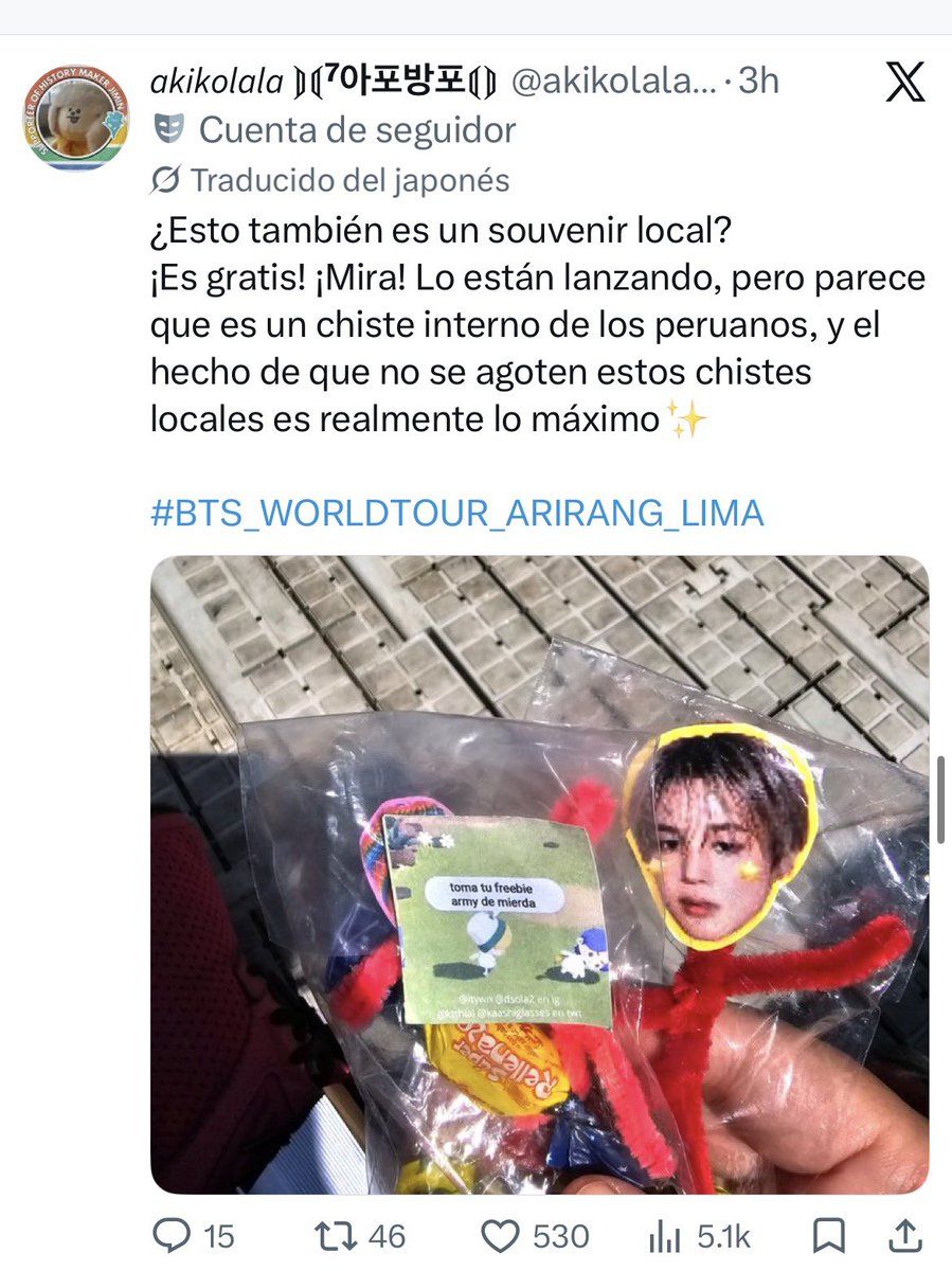 BTSMicasaOT7's tweet photo. JJAJAJAJAJJA QUIEN FUE XD
Una ARMY japonesa recibió un freebie con la frase: “toma tu freebie ARMY de mierda” y ya sabe que es un chiste interno 😂 amooooo https://t.co/Zv0r8TraNy