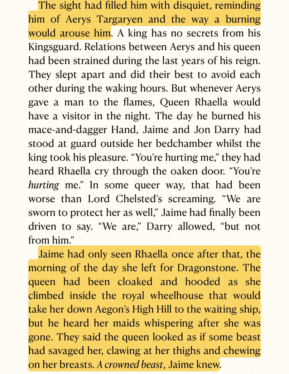 yanmingtings's tweet photo. i think what’s especially gross about the play mischaracterizing rhaella like this is that aerys would actually rape rhaella whenever aerys burned a man with wildfire and it’s during one of these moments that jaime actually speaks up and has his illusions about the kg shattered https://t.co/1CdU7KnvRX