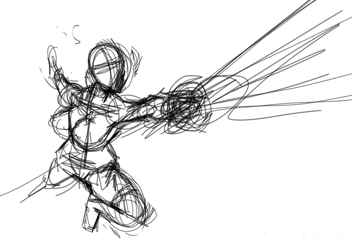Horinum21's tweet photo. Also here’s the idea sketch. I chose the second idea since it emphasized the thrusting motion better.

Also just realized I spelled “thrust” as “thurst” lol https://t.co/cmfI033pwk
