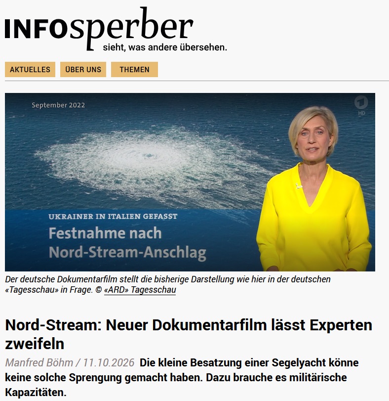 JonasToegel's tweet photo. Die Sprengung der Nordstream-Pipeline hat die Haupt-Schlagader für günstige Energie zerstört und die deutsche Wirtschaft massiv geschädigt.

Der Erfolgs-Regisseur Moritz Enders ("Toxic NATO") untersucht in seinem neuen Dokumentarfilm "Nordstream - Die Sprengung" (https://t.co/huJCVvZSMw) die Hintergründe, mögliche Täter und die bis heute andauernde, massive Propaganda um den Vorfall. 

Es war mir eine Ehre und eine große Freude, gemeinsam mit Ray McGovern, Dirk Pohlmann, Prof.  Theodore Postol, Dr. Werner Rügemer, Prof. Ola  Tunander, Erik Andersson und Harald Kujat an der Aufklärung mitwirken zu dürfen. 

Die schweizer Zeitung Infosperber hat einen Artikel zum Film verfasst: https://t.co/WFlsKfhu0G

Folgen Sie mir auf Telegram: https://t.co/wC1x0C81e8