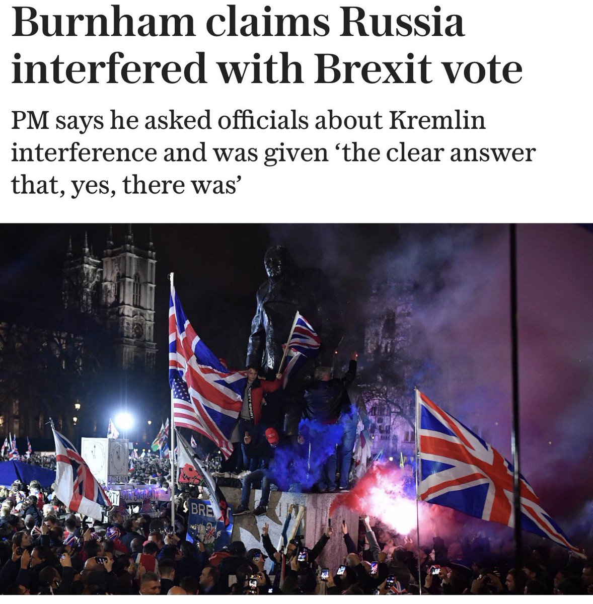 Benleo's tweet photo. NEW: Andy Burnham says Russia meddled in the 2016 Brexit vote. 

Russia, Russia, Russia. 

Why has it taken ten years for this to come out? After all the BS they previously used to stop Brexit? 

He’ll use this no doubt to fuel a bid for Britain to rejoin the EU gravy train. https://t.co/3yVNPaf7uk