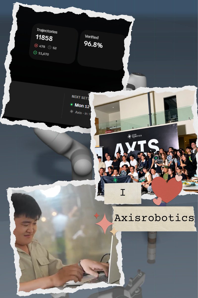 Hkeyd_HM's tweet photo. --------------❤️TÔI YÊU AXIS ROBOTICS❤️--------------

Mới ngày nào mình còn bặp bẹ làm quen với @axisrobotics @axisphysicalai  
Nghĩ rằng đây chỉ là 1 kèo robotics bình thường, vào điều khiển robot cho vui.
Lúc đầu còn chật vật với task tưới cây, mình hoàn thành task đó gần 4 phút mà phải 2 ngày mới xong. Nhớ lại lúc đó nản kinh khủng, sao mà cái này dành cho người làm được cơ chứ ???? khó vl

Ấy thế mà quay đi quay lại đã gần 12k Trajectories rồi.
Mình cho phép bản thân được tự hào về những con số mà mình đạt được. 
Vì đó không chỉ là những con số Traj hay Tx hay points mà còn là những đêm tới 2h sáng thức làm task, những ngày đi làm về mệt muốn ngủ 1 giấc nhưng vẫn canh đúng 19h vào làm, những ngày trốn sếp vào làm task, những lời nói của những người ko hiểu mình đang làm gì chỉ trỏ,...
và bên cạnh đó là những kỷ niệm đẹp từ meetup -> tới các câu chuyện hàng ngày trên X, tele, discord về dự án.

Sắp tới TGE chúc mọi người có được những phần thưởng xứng đáng với công sức đã bỏ ra. Chúng ta còn ở lại với nhau ss2 và còn sau này nữa, nên hãy yêu Axis giúp đỡ, làm quen nhiều người bạn mới làm phát triển hơn cộng đồng axis - ngọn cờ đầu của kỷ nguyên Physicial AI.