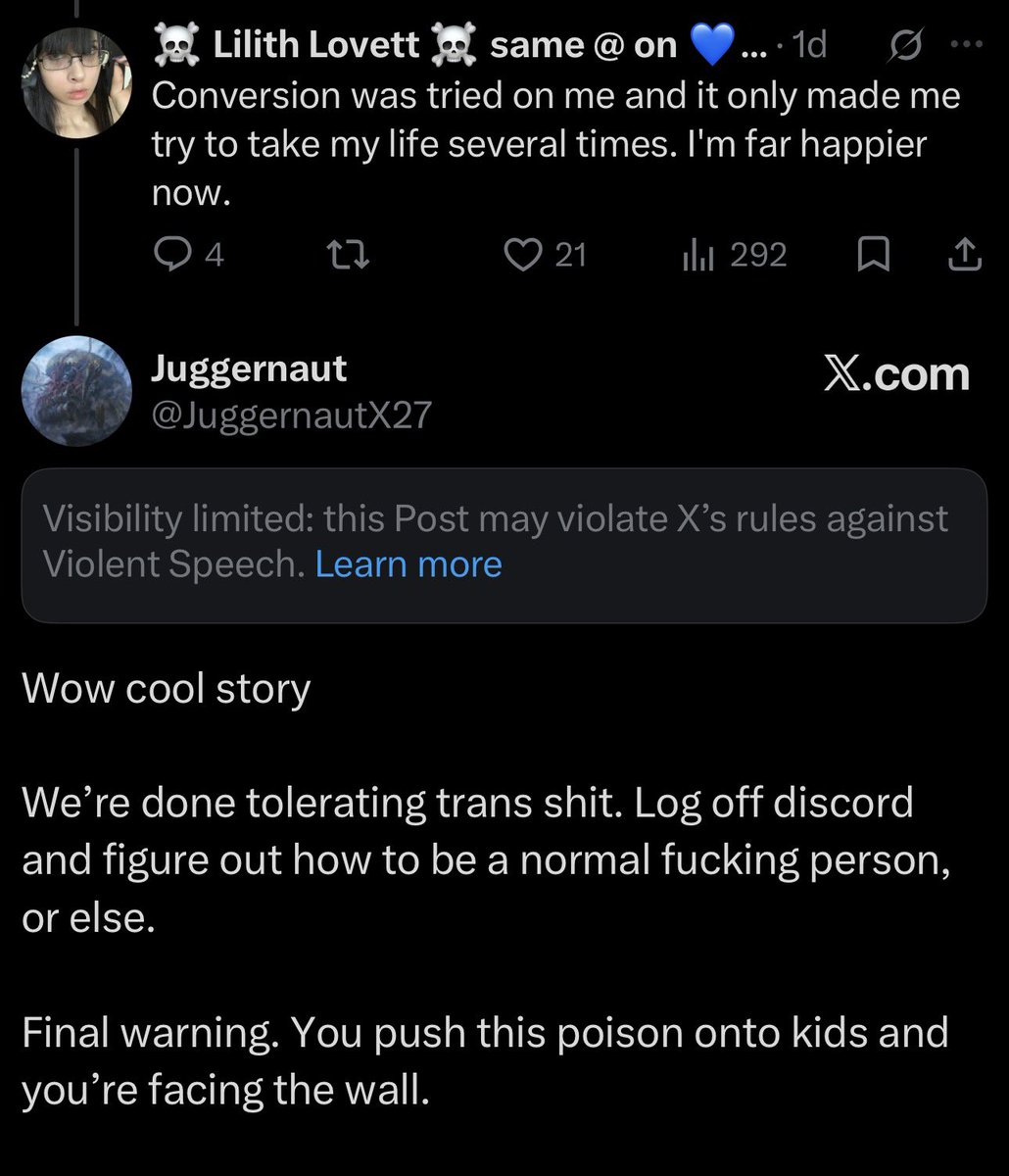 LilithLovett's tweet photo. Being trans on twitter is hilarious because some random dude will just threaten to kill me because I said conversion therapy didn’t work snd that I’m happier now. https://t.co/RhSA9WWYSW