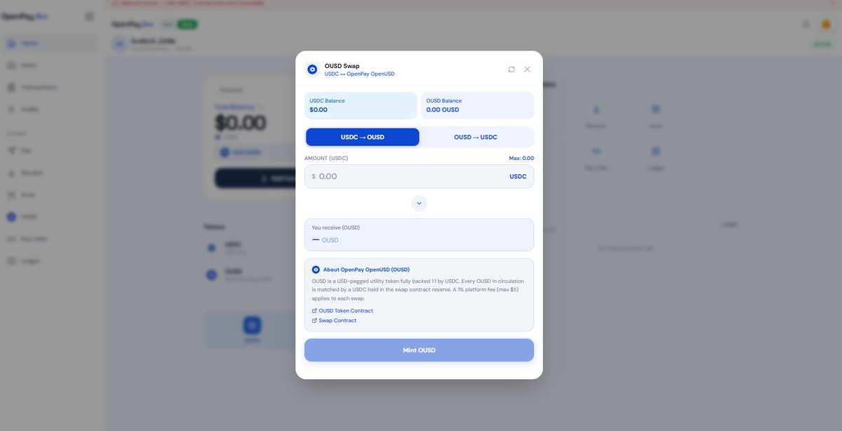 OpenPayArc's tweet photo. OpenPay Arc | Smart Contract Deployment

We're pleased to announce the deployment of the OpenPay OpenUSD (OUSD) smart contract on Arc Mainnet.

OUSD is designed as a USDC-backed token, enabling users to swap between @USDC  and OUSD directly through OpenPay @arc .

This marks another step in expanding our onchain payment infrastructure.

Explore OpenPay Arc: https://t.co/5STI2kGSuw

#OpenPayArc #OUSD #Arc #USDC #Web3 @circle
