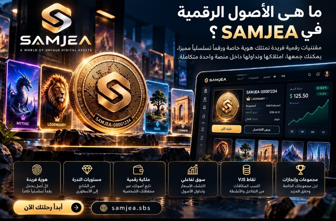 Samjeacom's tweet photo. 🪙 ماذا لو امتلكت أصلاً رقمياً فريداً يحمل رقماً تسلسلياً خاصاً به؟

مع SAMJEA يمكنك:
💎 جمع الأصول النادرة
📈 استكشاف السوق والتداول
⚡ اكتساب نقاط VJS
🏆 بناء مجموعتك الخاصة

🚀 ابدأ رحلتك الآن:
https://t.co/xe9dJYDj1o

#SAMJEA #الأصول_الرقمية https://t.co/nk9ZHDlipU