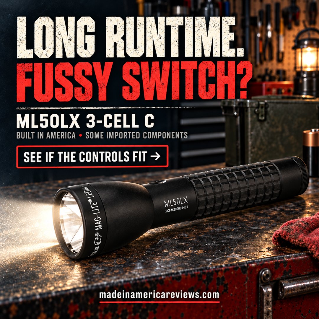buyamericancamp's tweet photo. Long runtime—but does the Maglite ML50LX switch make the controls fussier than they need to be? Our exact-model review looks at runtime, beam modes, handling and owner feedback. https://t.co/J67WKNAjCM #MadeInUSA #Flashlights [Made with AI] https://t.co/ZgMsrRts37